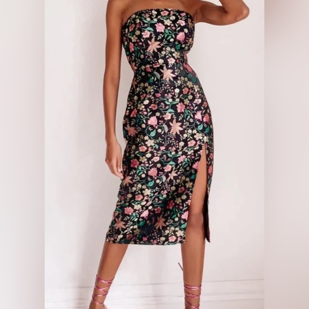 Lulu’s Make a Move Black Satin Floral Jacquard Strapless Midi Dress